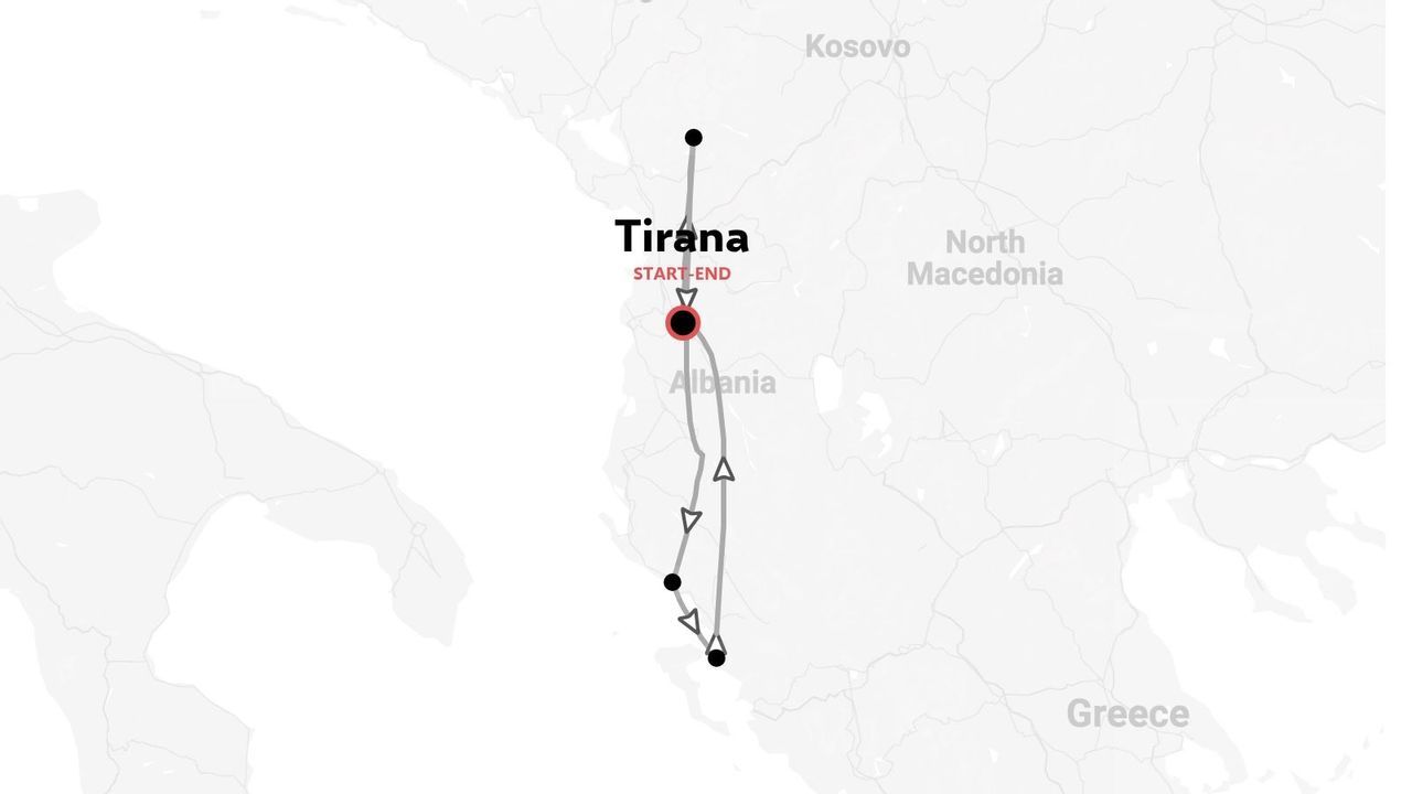 Una ruta de itinerario de viaje por Albania que empieza y termina en Tirana.
