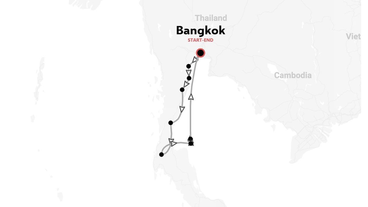 Mapa de ruta de viaje por Tailandia con inicio y fin en Bangkok, siguiendo un circuito por los destinos del sur.