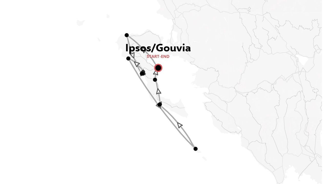 Un mapa de ruta de viaje que muestra un itinerario circular que comienza y termina en Ipsos y Gouvia.