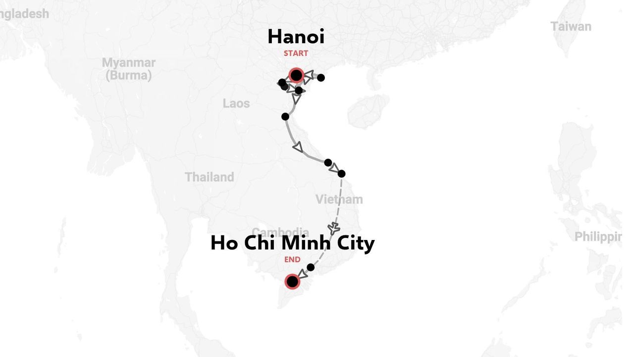Una ruta de viaje por Vietnam que comienza en Hanói y termina en Ciudad Ho Chi Minh con varias paradas clave