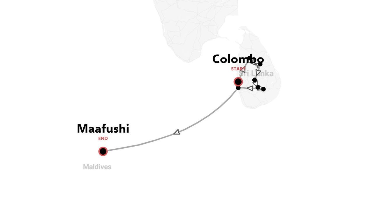 Un mapa de ruta de viaje que muestra un itinerario que comienza en Colombo, Sri Lanka y termina en Maafushi, en las Maldivas.
