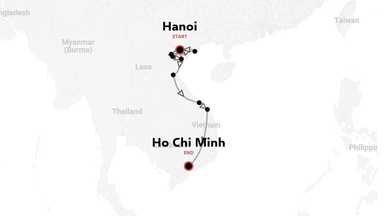 Carte de l'itinéraire de voyage au Vietnam indiquant un parcours commençant à Hanoï et se terminant à Hô Chi Minh-Ville
