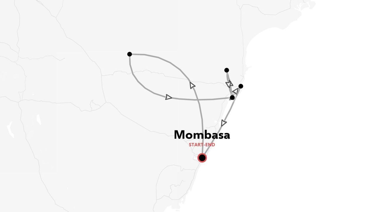 Une carte d'itinéraire de voyage montrant une boucle commençant et se terminant à Mombasa avec des flèches directionnelles.