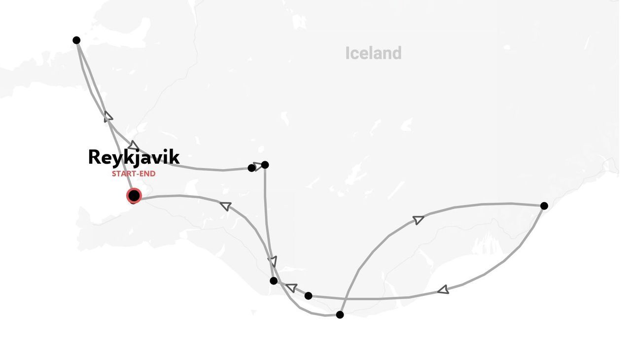 Carte de l'itinéraire de voyage en Islande montrant un trajet en boucle commençant et se terminant à Reykjavik.