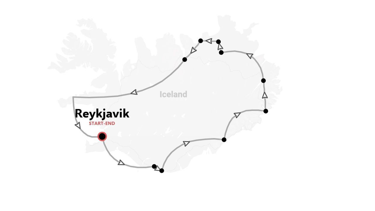 Reiseroute durch Island mit einer Ringstraßen-Tour, die in Reykjavik beginnt und endet.