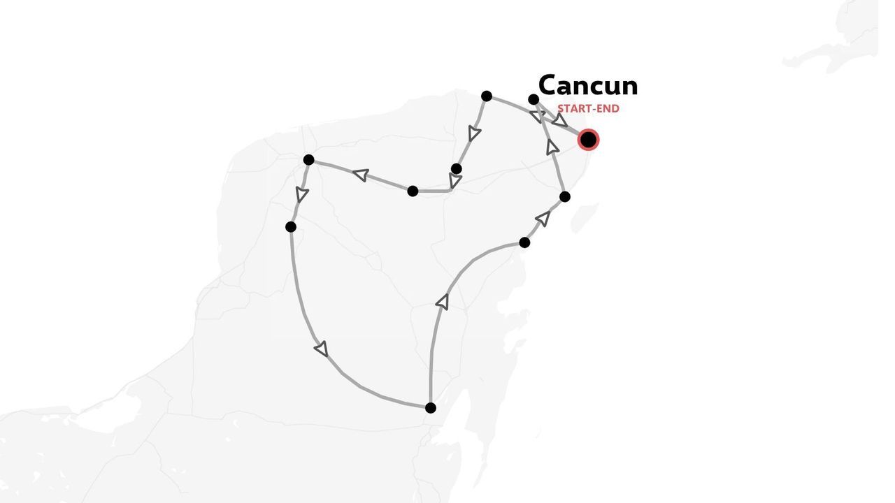 A travel route map looping through the Yucatan Peninsula, starting and ending in Cancun.