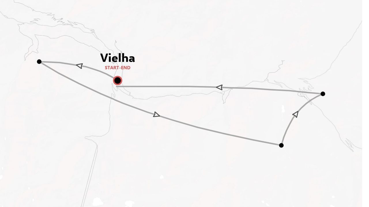 Un mapa de ruta de viaje que muestra un recorrido circular que comienza y termina en Vielha.