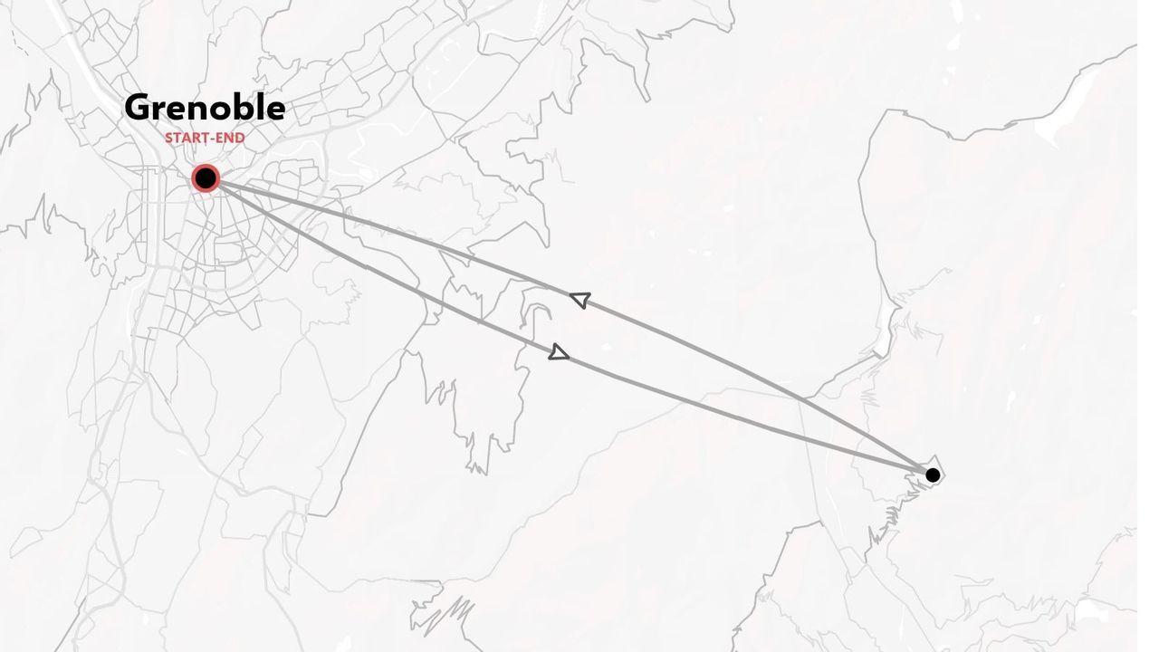 Un mapa de ruta de viaje que muestra un viaje de ida y vuelta que empieza y termina en Grenoble.