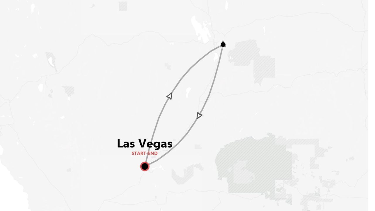 Una mappa dell'itinerario di viaggio che mostra un percorso ad anello con partenza e arrivo a Las Vegas