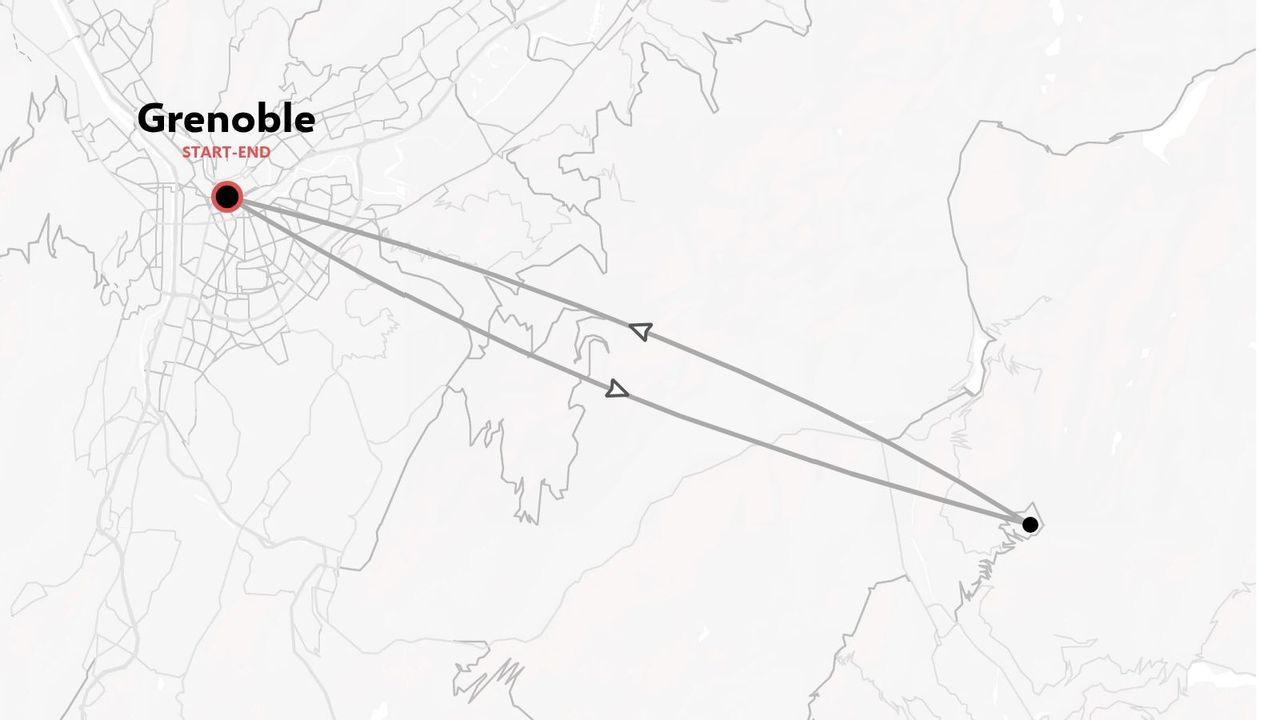 Una mappa di itinerario di viaggio minimalista che indica un viaggio di andata e ritorno con partenza e arrivo a Grenoble.