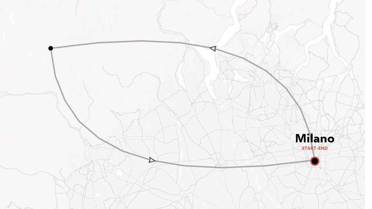 Mappa dell'itinerario di viaggio che mostra un percorso circolare con partenza e arrivo a Milano.