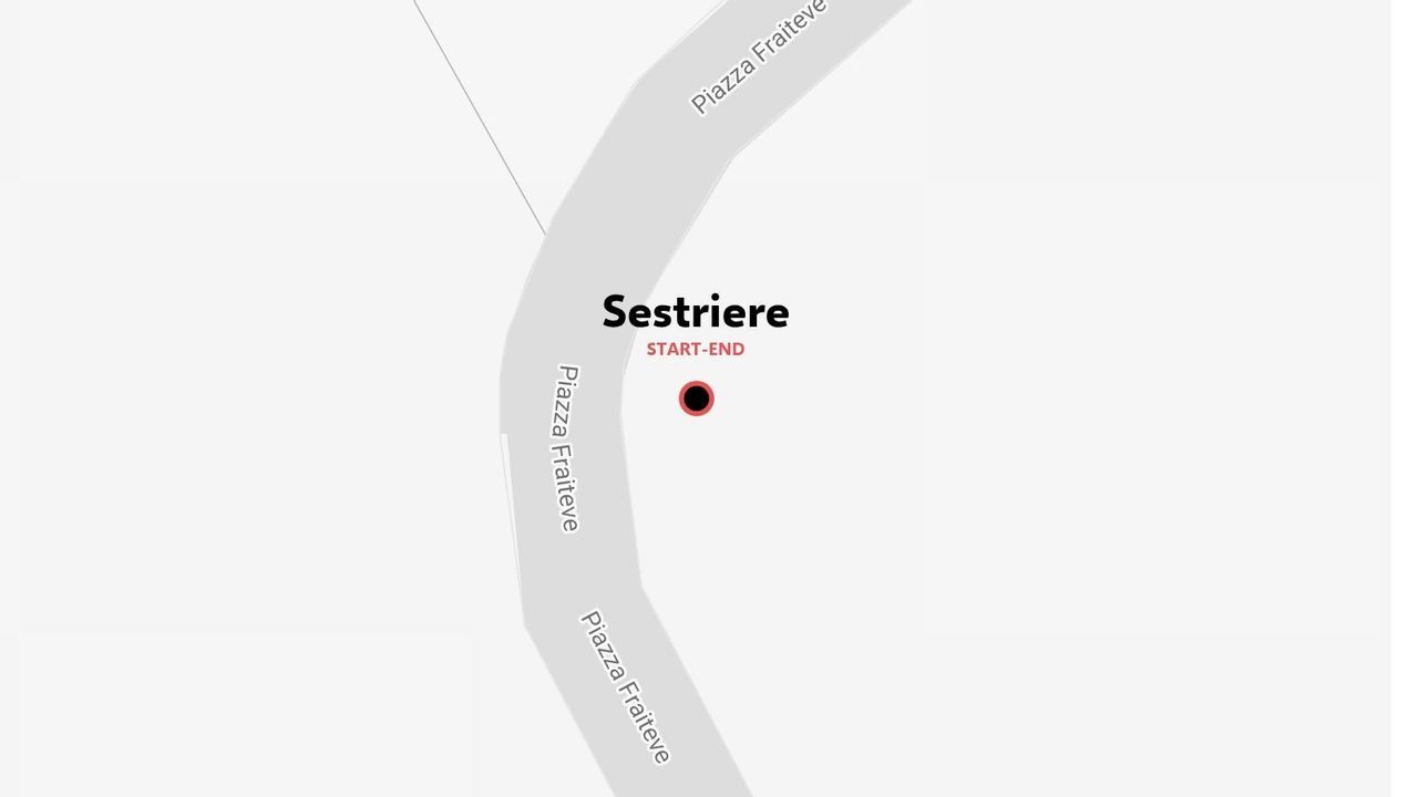 Una mappa che mostra il punto di partenza e di arrivo segnato a Sestriere lungo Piazza Fraiteve.