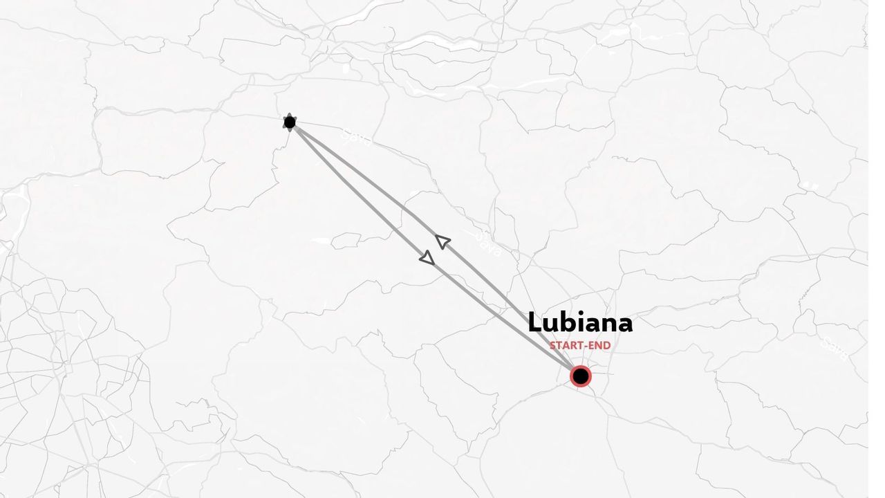 Una mappa dell'itinerario di viaggio che mostra un viaggio di andata e ritorno con partenza e arrivo a Lubiana e frecce direzionali.