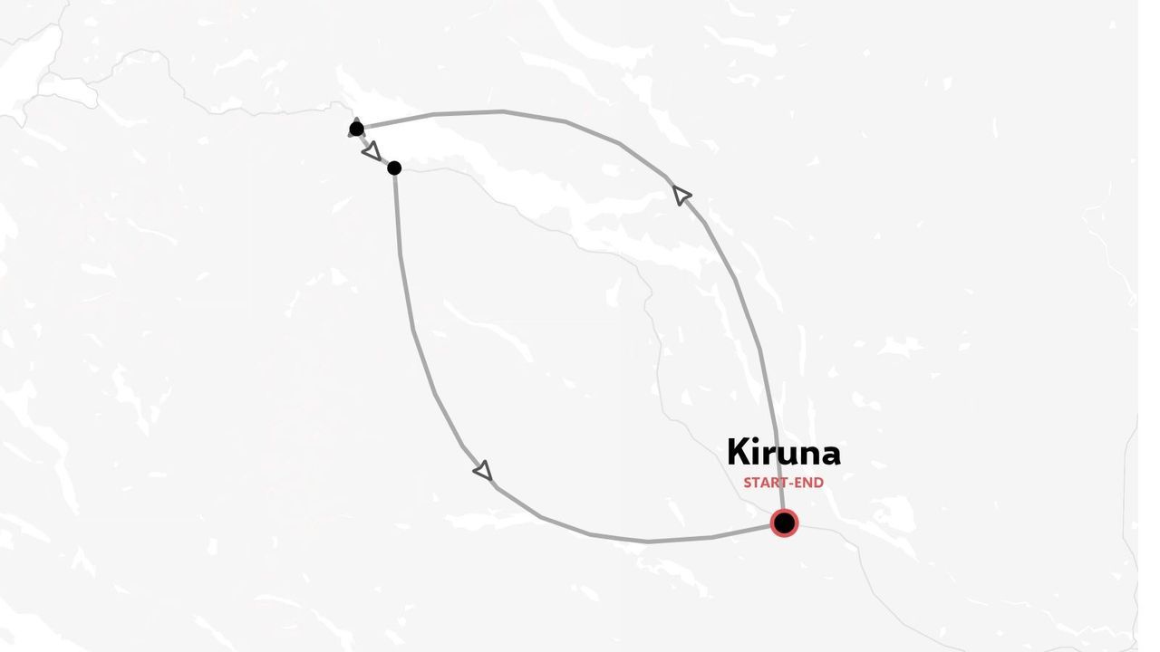 Una mappa dell'itinerario di viaggio che mostra un anello circolare con partenza e arrivo a Kiruna, contrassegnato da frecce direzionali.