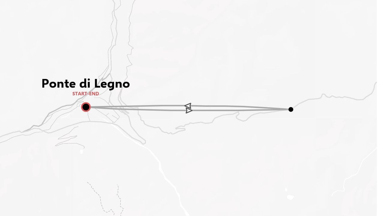 Una mappa di viaggio minimalista che mostra un itinerario con partenza e arrivo a Ponte di Legno