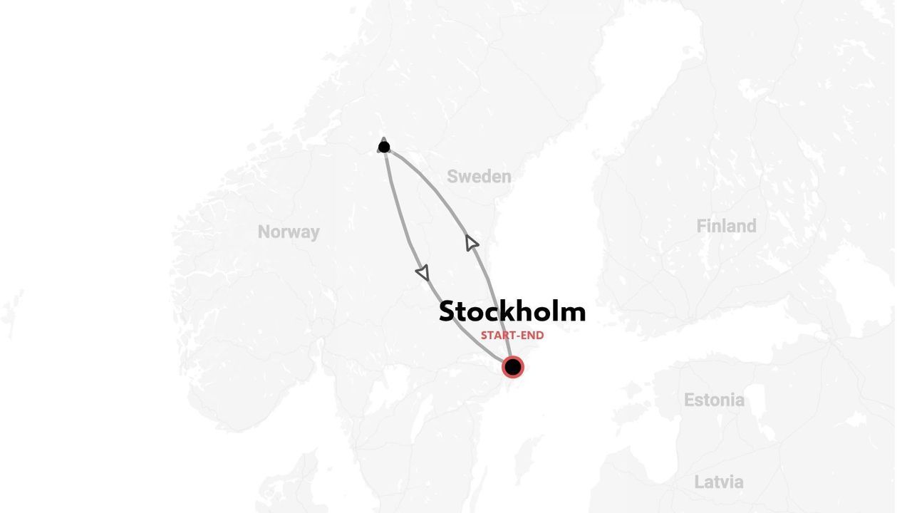 Una mappa dell'itinerario di viaggio della Svezia che mostra un viaggio di andata e ritorno con partenza e arrivo a Stoccolma.