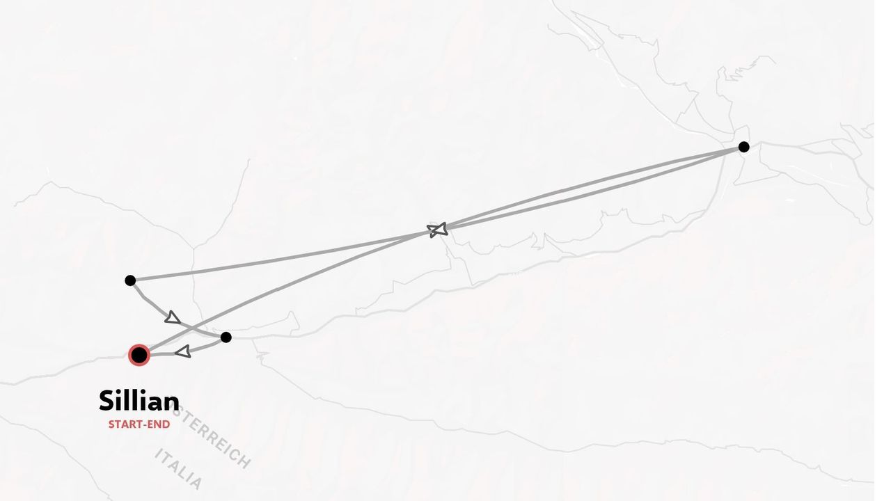 Mapa de ruta de viaje que detalla un recorrido circular con inicio y fin en Sillian, cerca de la frontera entre Austria e Italia.
