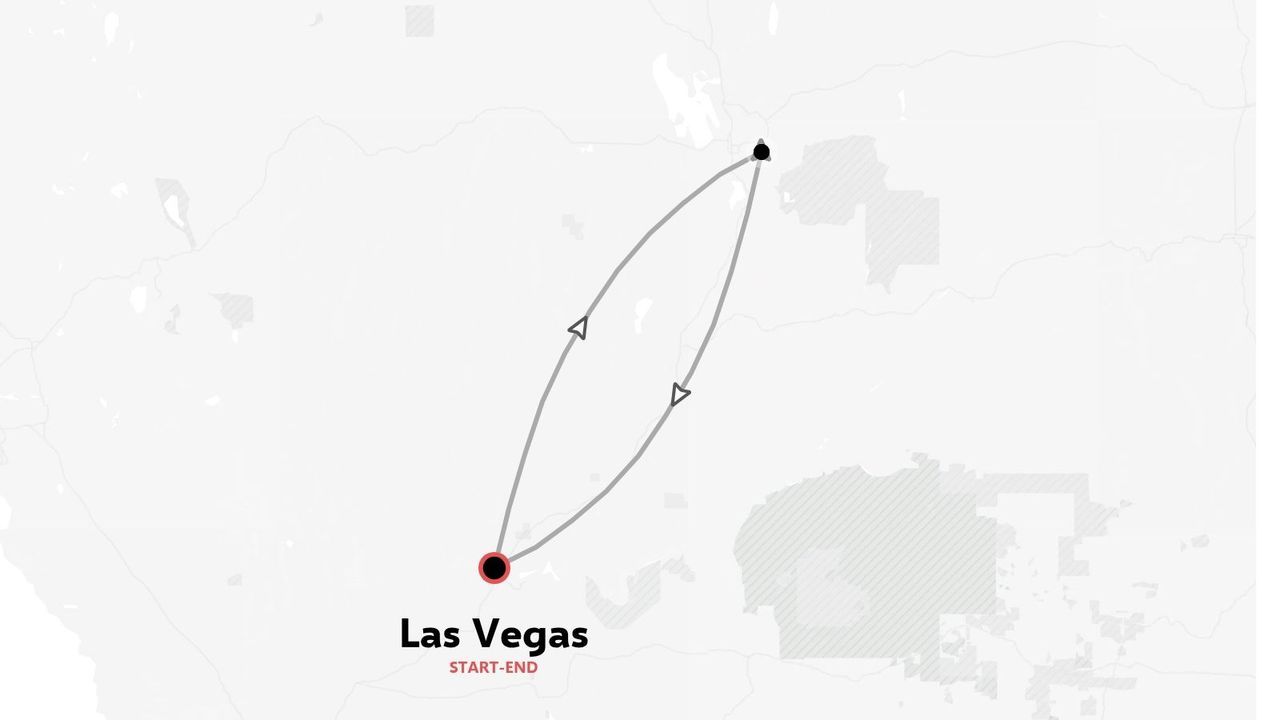 Un mapa que muestra una ruta de viaje circular con flechas de dirección que comienza y termina en Las Vegas.