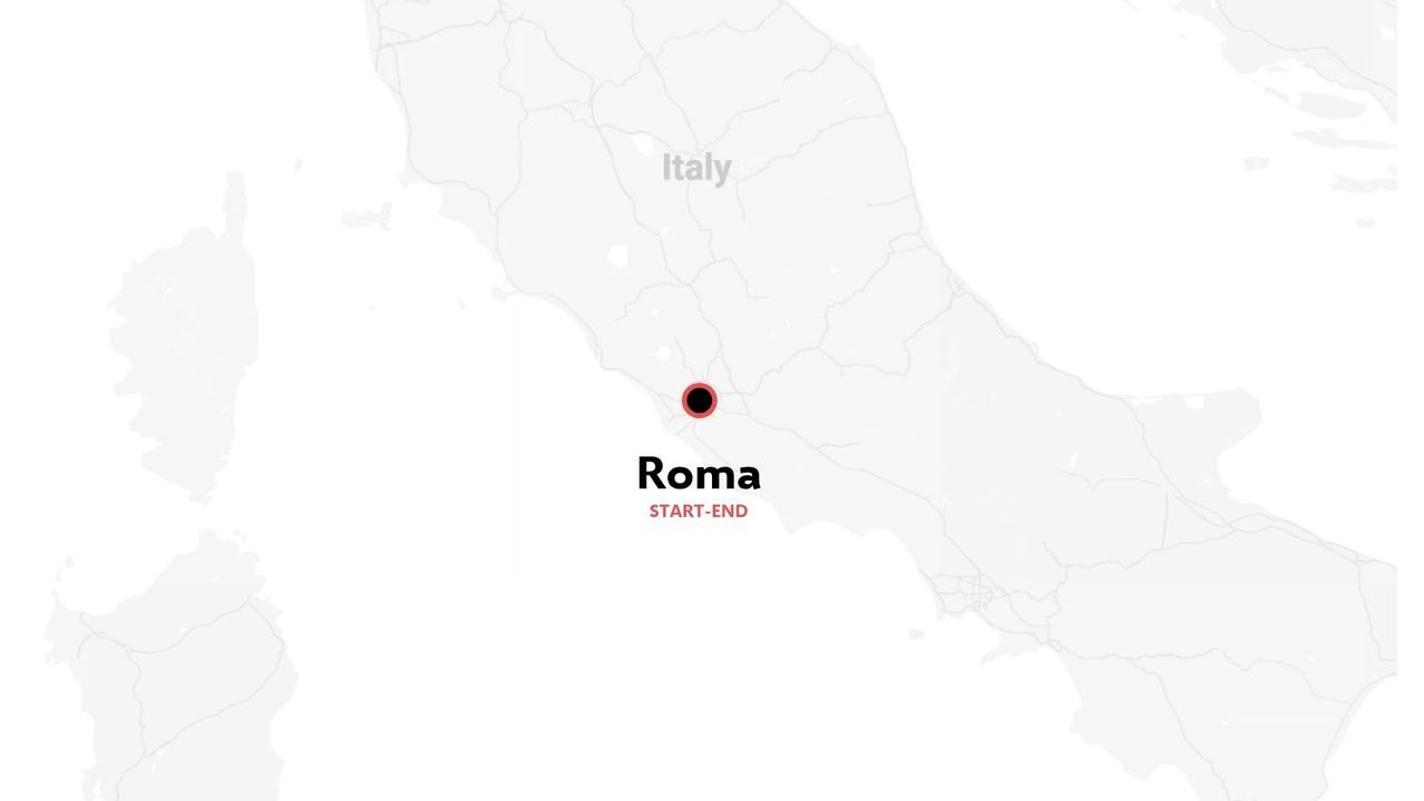 Un mapa gris claro de Italia que destaca Roma con un punto con borde rojo, marcado como punto de inicio y fin.
