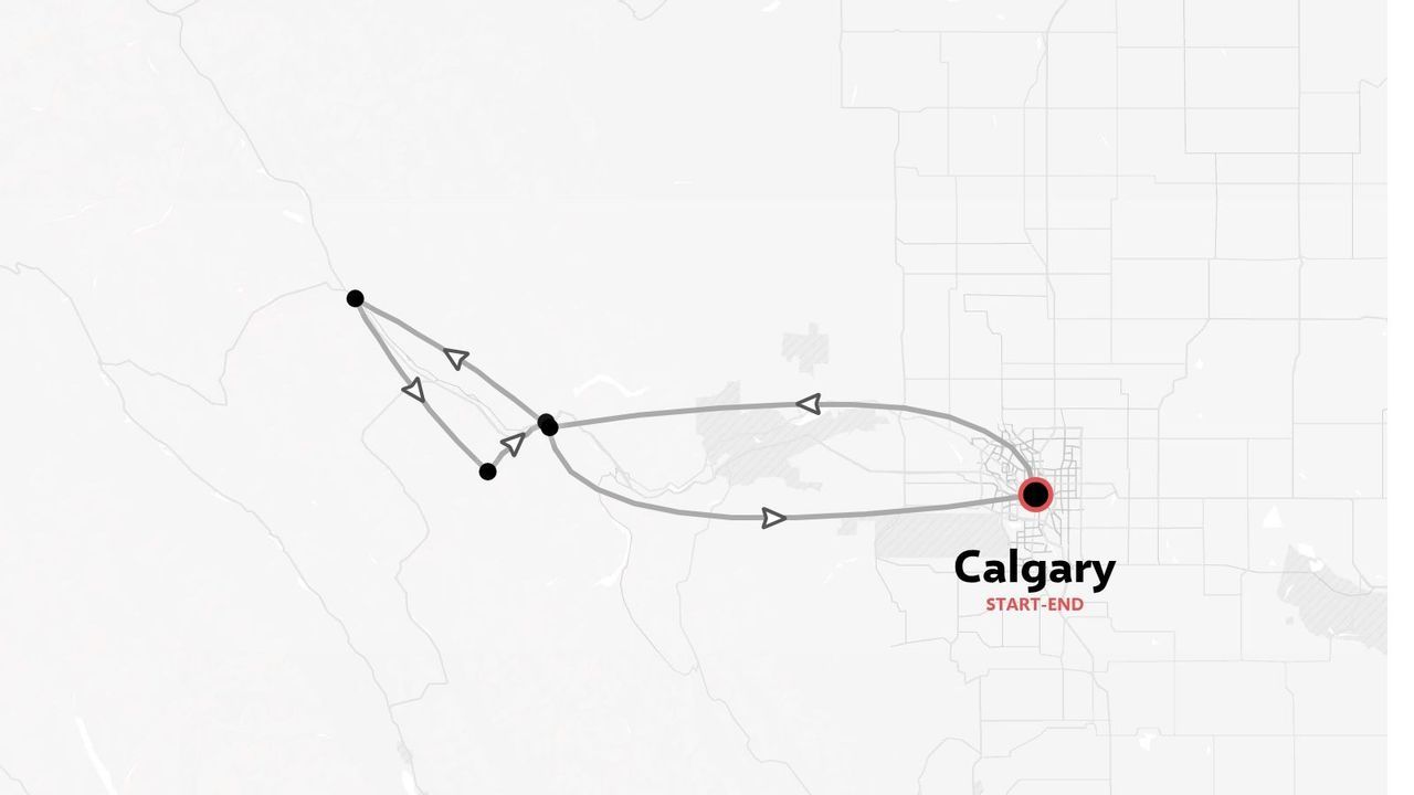Una mappa di viaggio che mostra un itinerario ad anello con partenza e arrivo a Calgary.