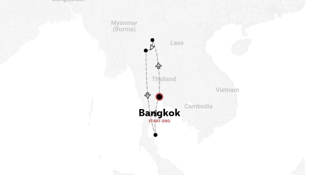 Un mapa de ruta de viaje por Tailandia con rutas de vuelo que comienzan y terminan en Bangkok