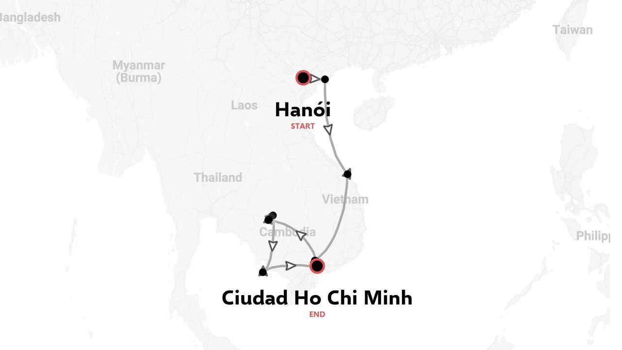 Una ruta de viaje por Vietnam y Camboya comenzando en Hanói y terminando en Ciudad Ho Chi Minh.