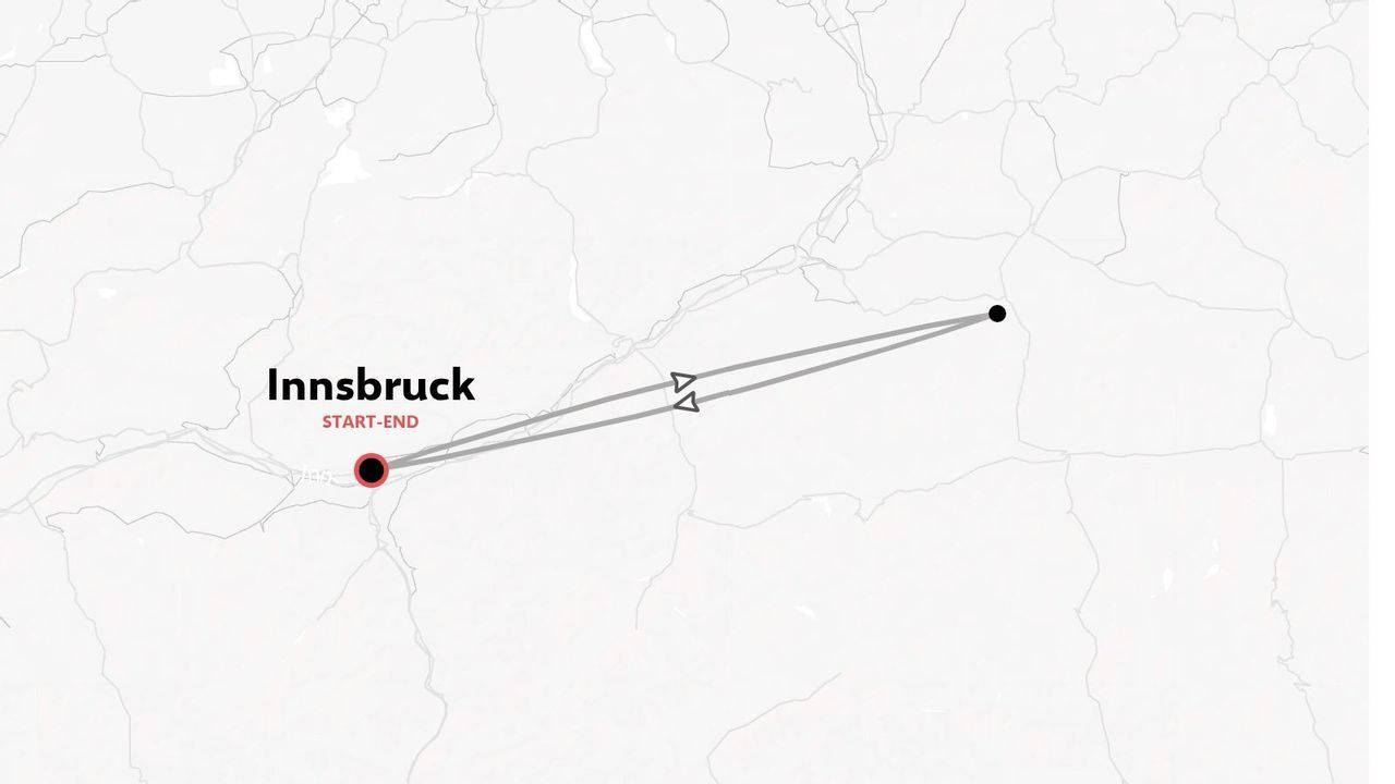 Una mappa dell'itinerario di viaggio che mostra un viaggio di andata e ritorno con partenza e arrivo a Innsbruck.