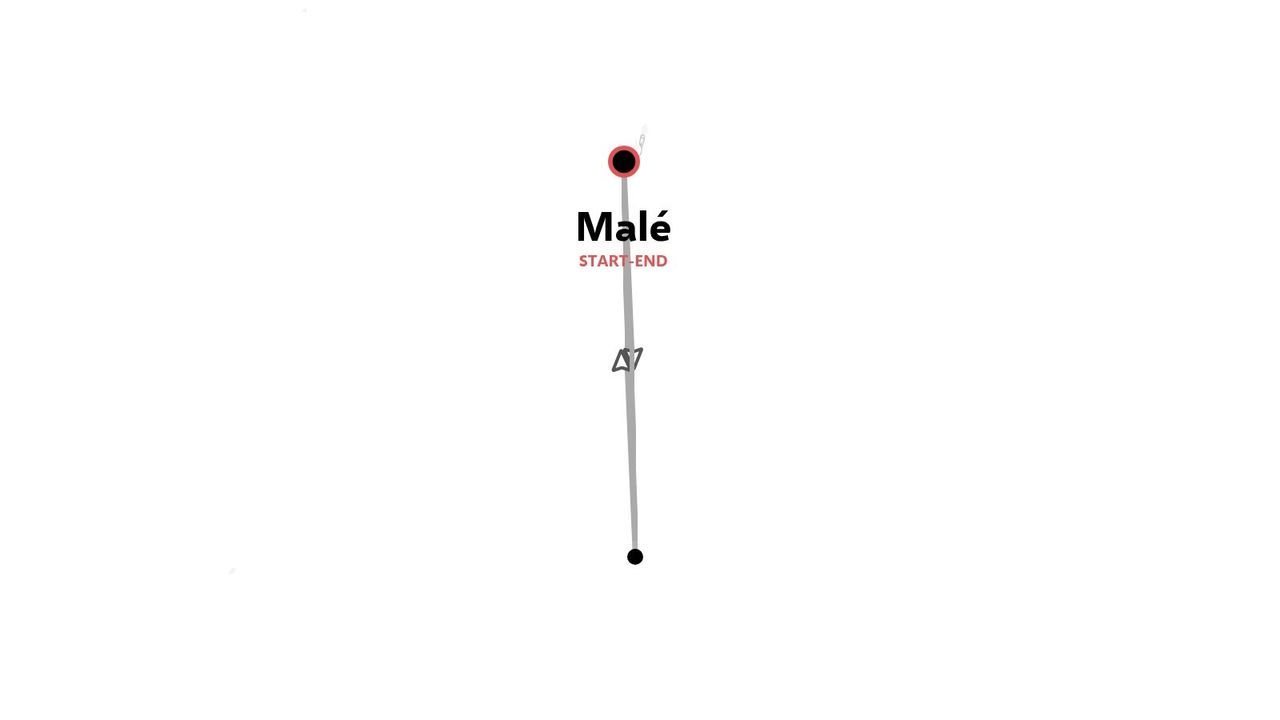 Mapa de ruta minimalista que muestra una ruta de viaje vertical con Malé marcado como punto de inicio y fin.