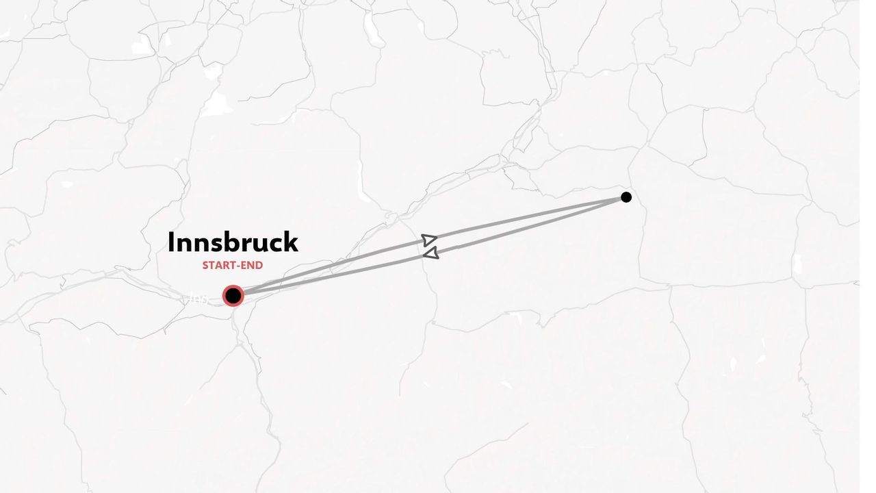 Eine Reiseroute, die eine Rundreise mit Start und Ziel in Innsbruck zeigt.