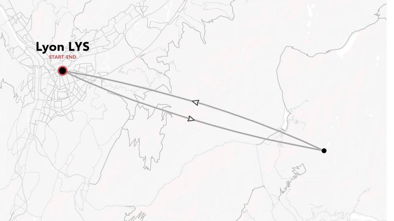A travel route map showing a round trip starting and ending at Lyon LYS with connecting path lines.