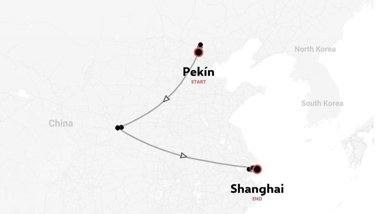 Una ruta de viaje por China que comienza en Pekín, conecta por puntos centrales y termina en Shanghái