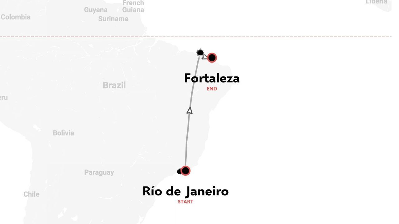Un mapa de Brasil que muestra una ruta de viaje que comienza en Río de Janeiro y termina en Fortaleza.