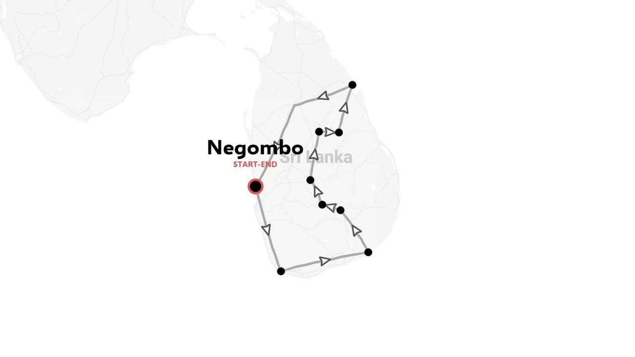 A travel route map of Sri Lanka showing a circular tour itinerary starting and ending in Negombo.
