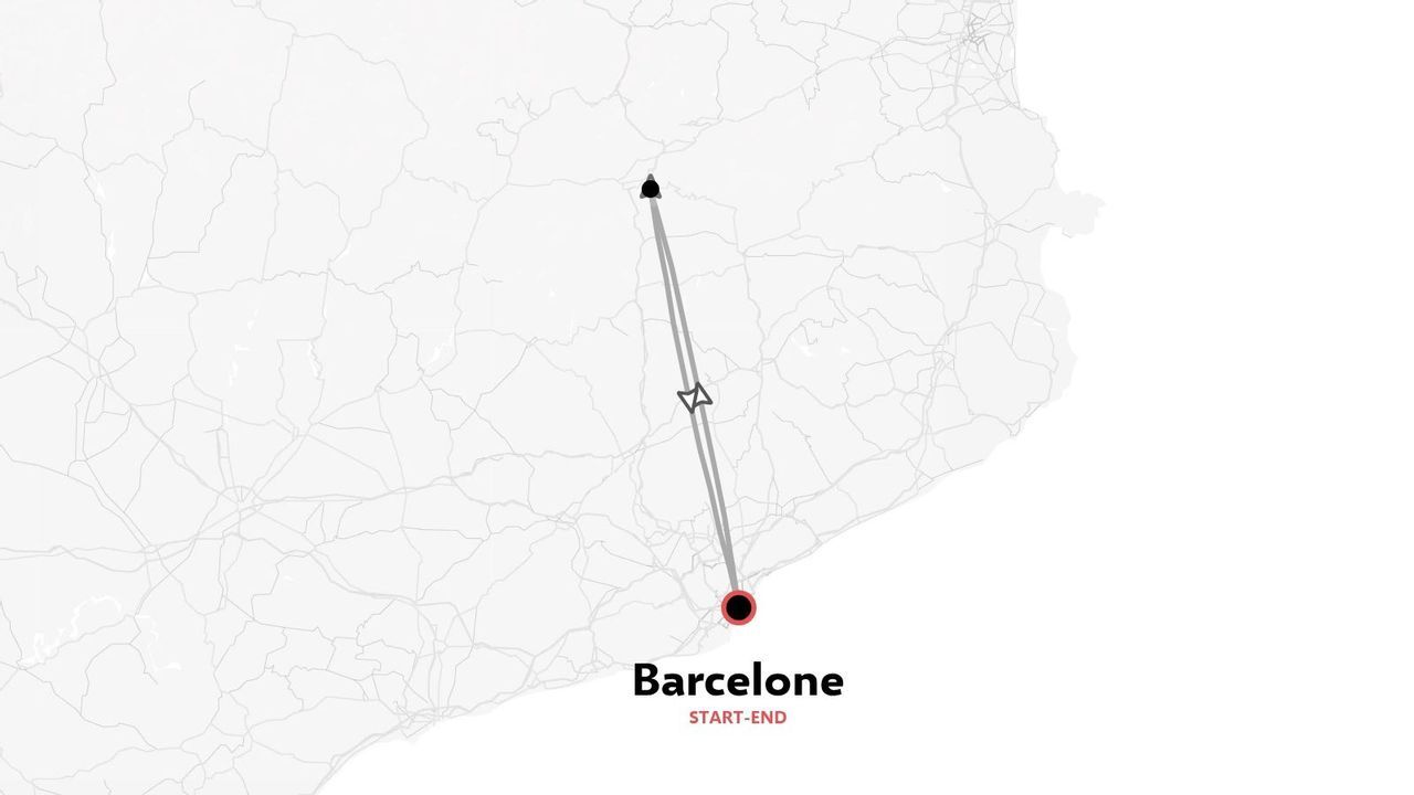 Une carte d'itinéraire de voyage montrant un itinéraire aller-retour au départ et à l'arrivée à Barcelone.