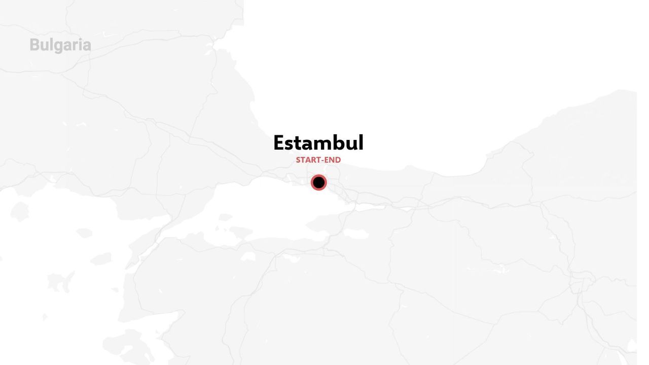 Un mapa de ruta de viaje que marca a Estambul como destino de inicio y fin, con Bulgaria visible cerca.