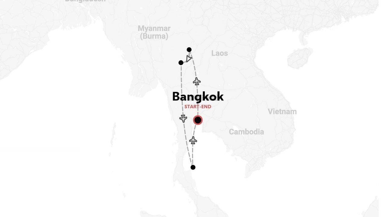 Mappa di viaggio della Thailandia che mostra le rotte dei voli e dei trasporti che collegano le regioni settentrionali e meridionali da Bangkok