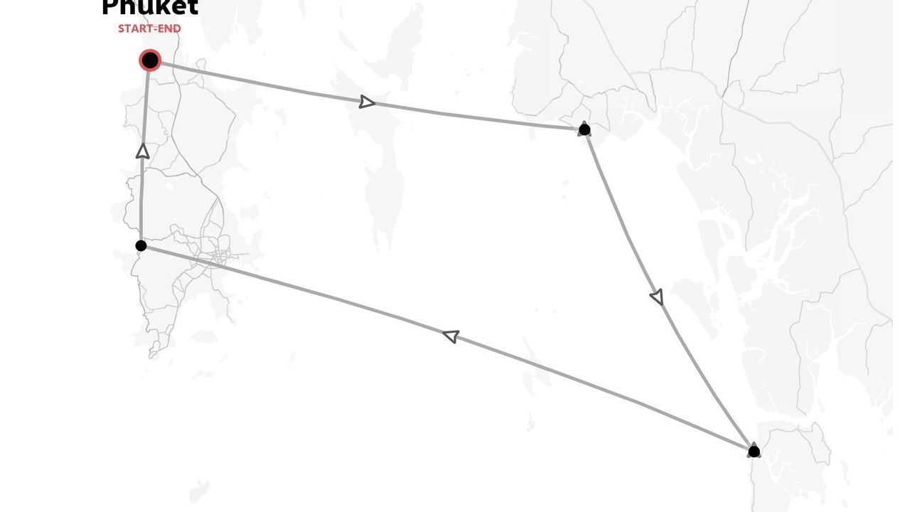 Mappa dell'itinerario di viaggio con partenza e arrivo a Phuket, che mostra un percorso ad anello collegato da frecce.