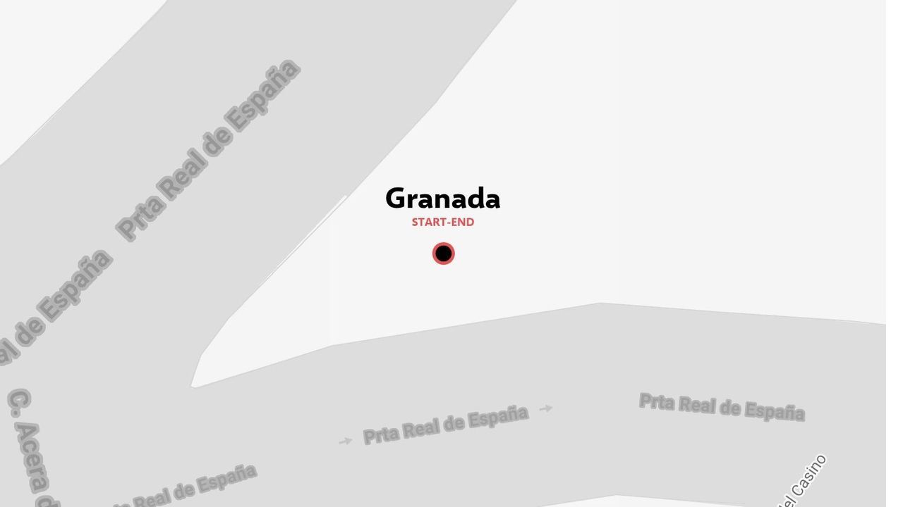 Un mapa que muestra Granada marcada como punto de inicio y fin cerca de la Puerta Real de España.