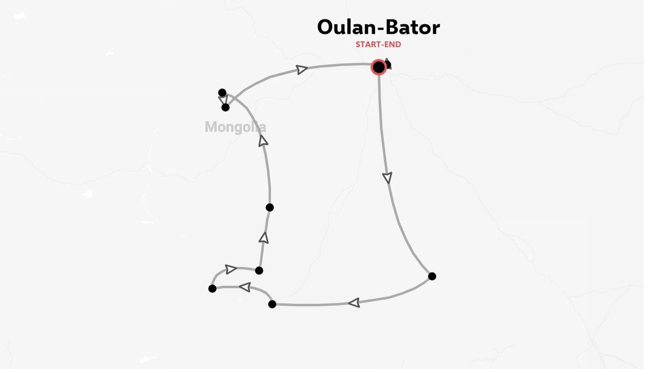 Carte de l'itinéraire de voyage en Mongolie détaillant une boucle au départ et à l'arrivée d'Oulan-Bator.