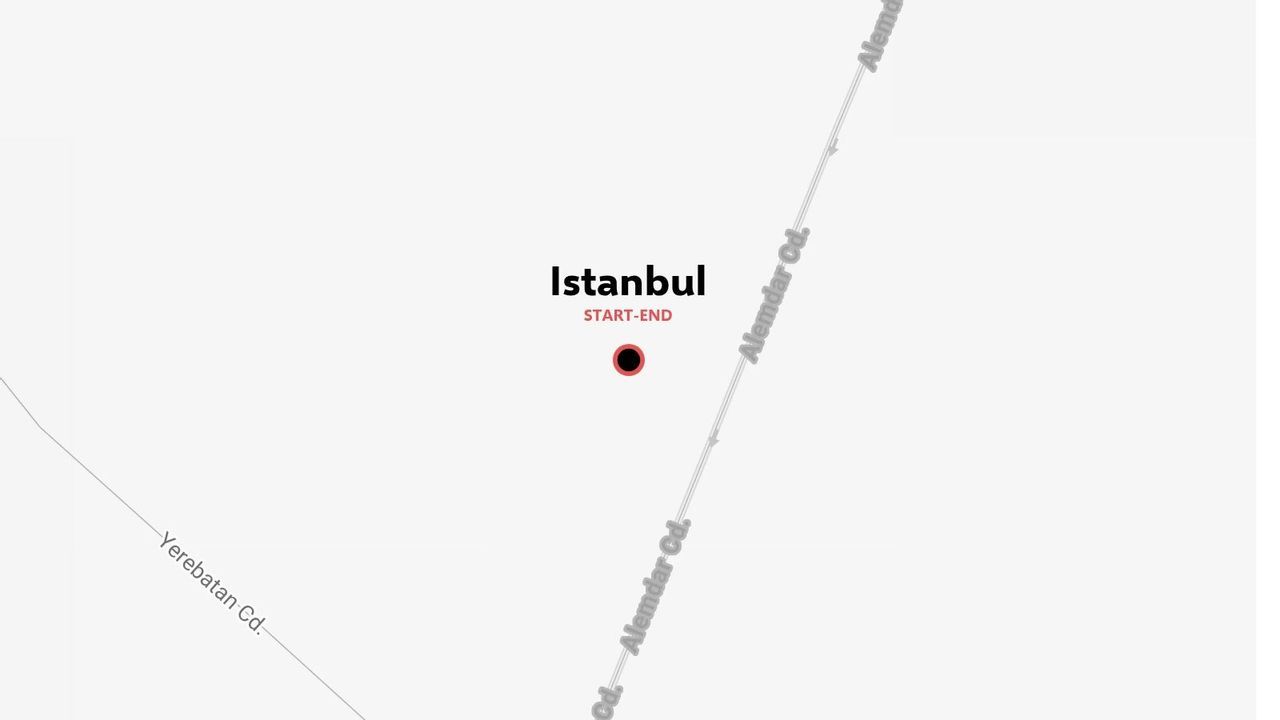 Una mappa minimalista che mostra Istanbul come indicatore di posizione di inizio e fine vicino ad Alemdar Caddesi e Yerebatan Caddesi