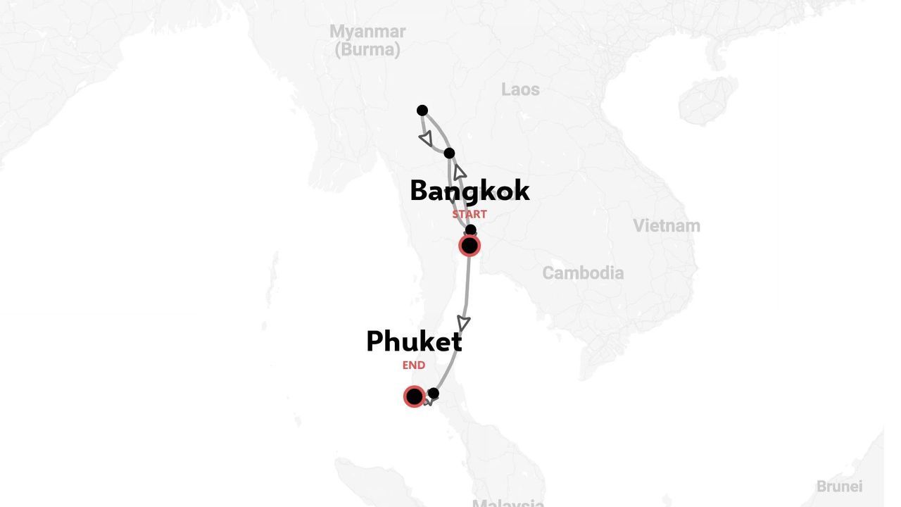 Reiseroute durch Thailand beginnend in Bangkok, nach Norden führend und in Phuket endend