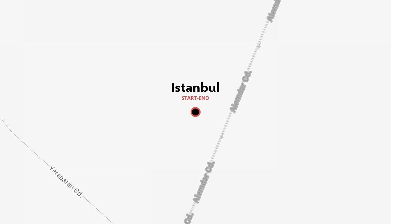 A map marker indicating the start and end location in Istanbul near Alemdar and Yerebatan streets.