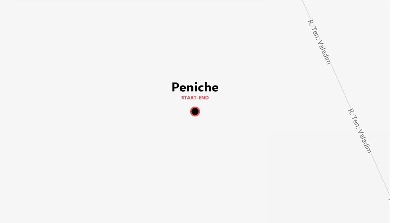 Grafica di mappa minimale che mostra un marcatore di punto di inizio-fine etichettato come Peniche vicino a R. Ten. Valadim.