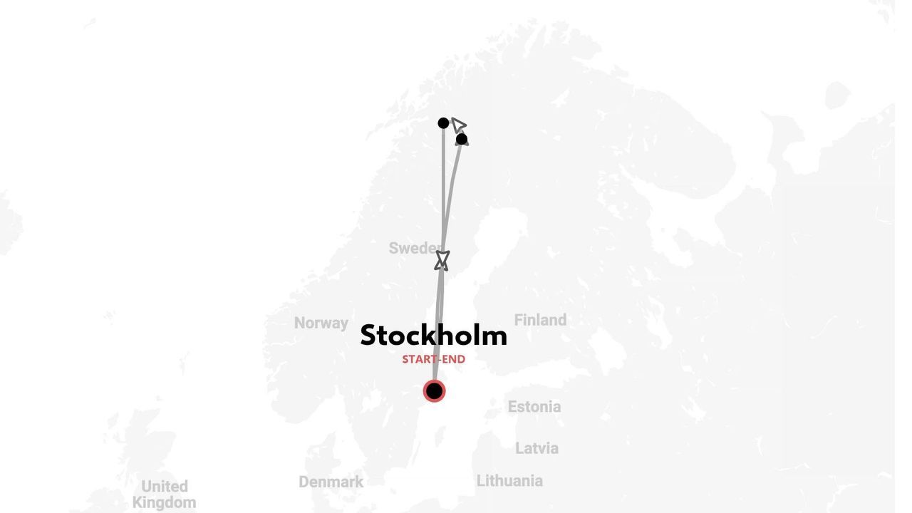 Carte d'itinéraire de voyage en Suède commençant et se terminant à Stockholm, montrant un circuit vers le grand nord.