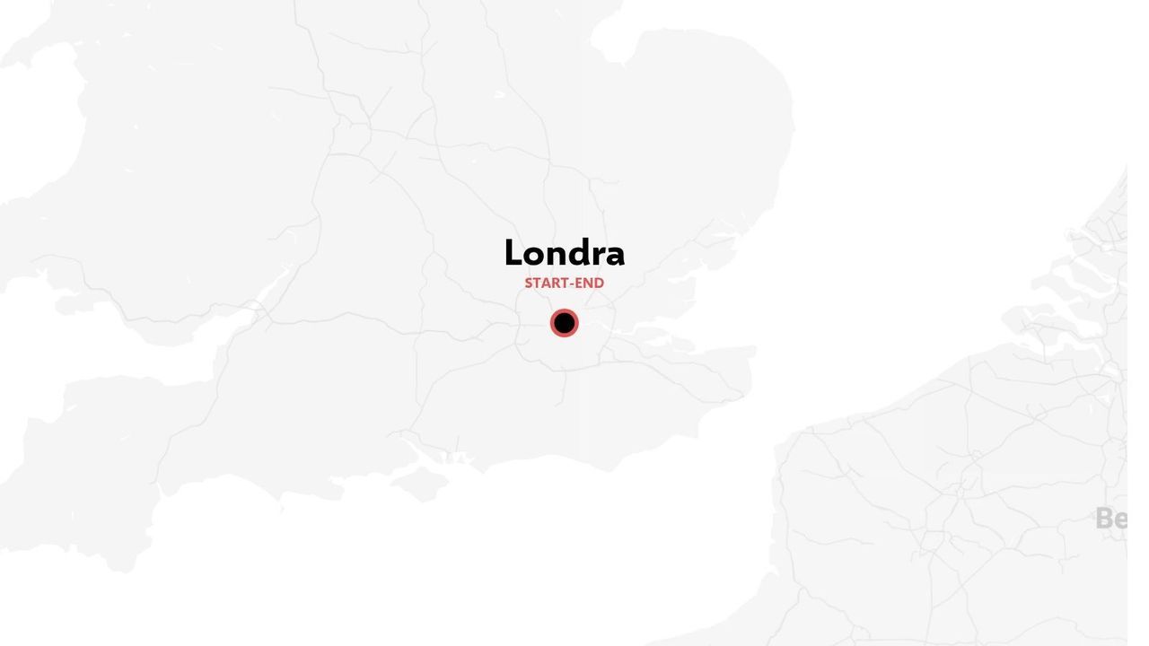 Una mappa minimalista dell'Inghilterra meridionale che evidenzia Londra con un marcatore di posizione di inizio e fine.