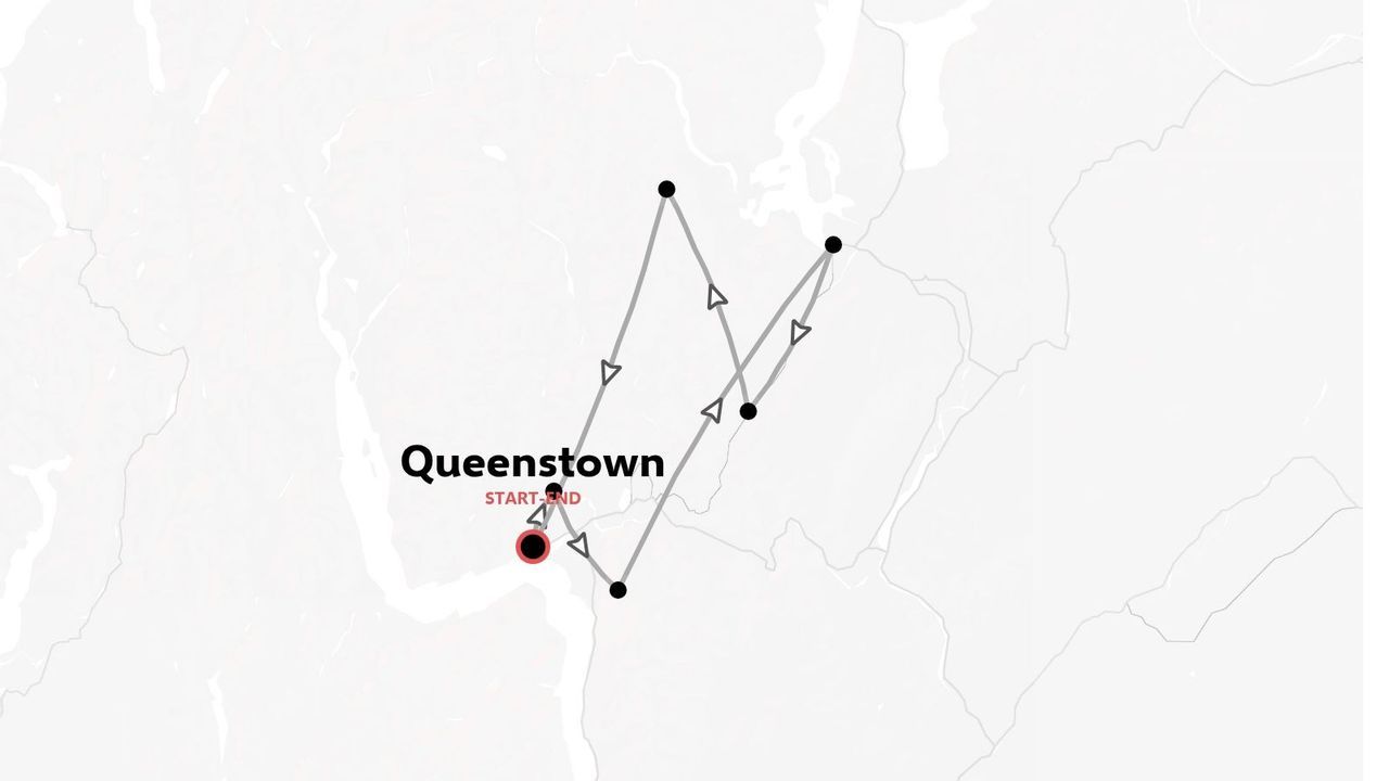 Un itinerario di viaggio con partenza e arrivo a Queenstown e tappe intermedie collegate da linee direzionali.