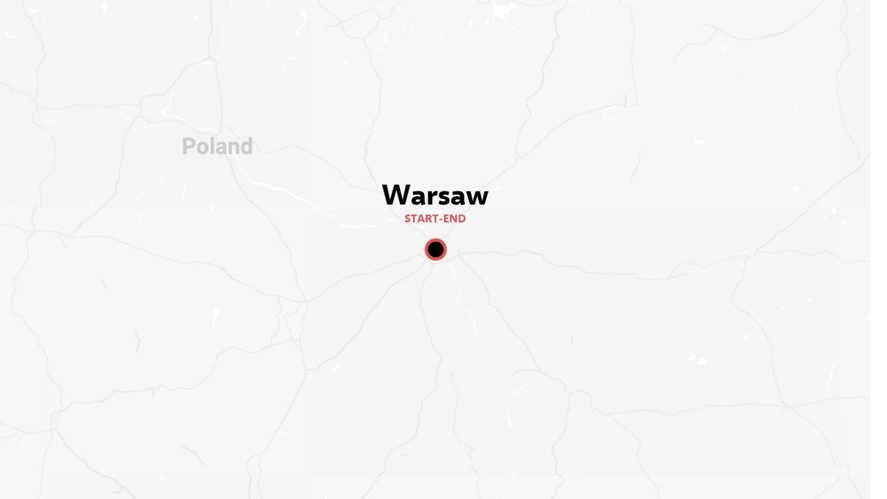A minimalist map of Poland marking Warsaw as the start and end point of an itinerary.
