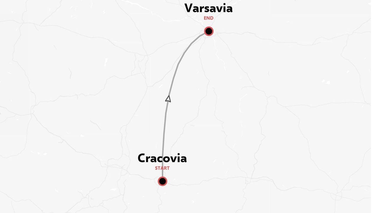 Una mappa dell'itinerario di viaggio che indica un percorso curvo che inizia a Cracovia e termina a Varsavia