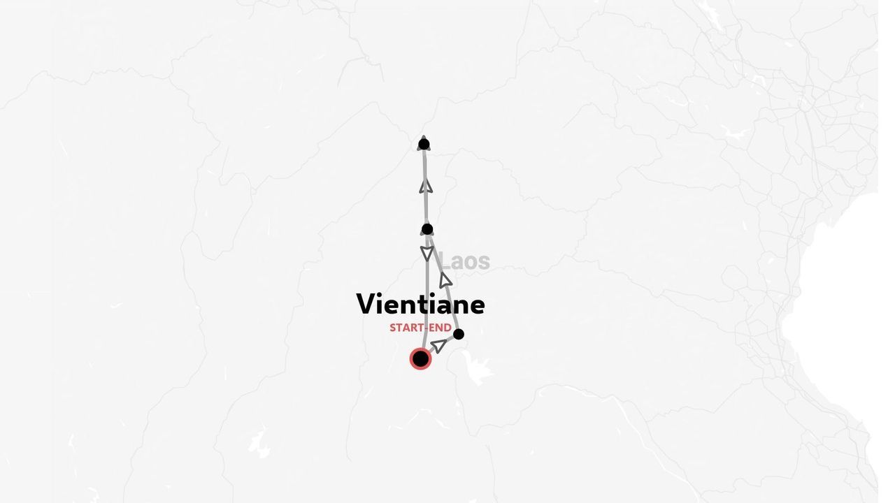 Eine Reiseroute von Laos mit einer Rundreise, die in Vientiane beginnt und endet.