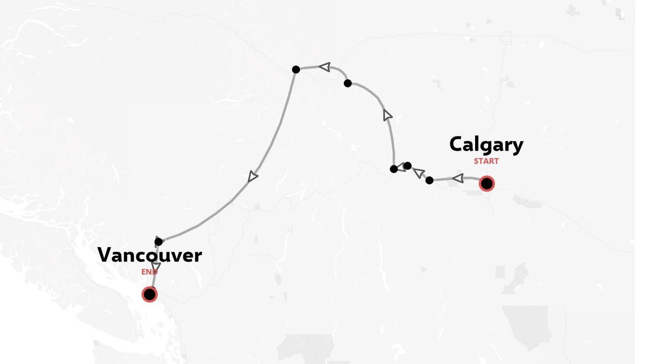 Un mapa de ruta de viaje que muestra un itinerario que comienza en Calgary y termina en Vancouver con múltiples paradas en el camino.